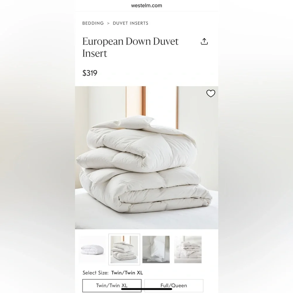 NWT West Elm European Down Duvet Insert - Twin/Twin XL